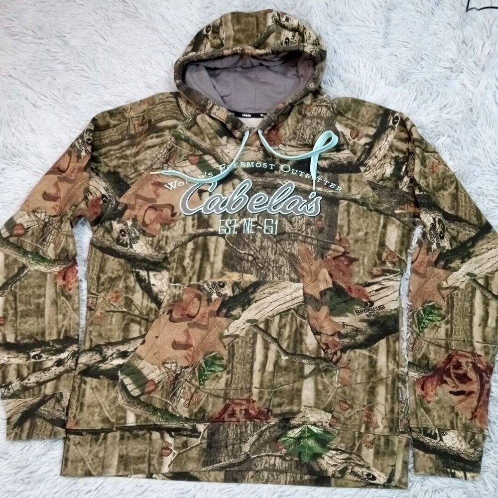 Cabela's Sweatshirt Womens L Green Camo Hoodie. Missing blue string.